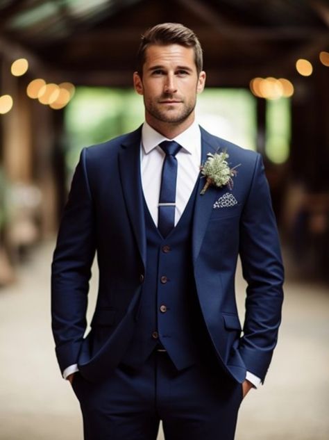 Navy Blue Wedding Suits For Men, Dark Blue Suit Men Wedding Groom, Light Navy Suit Wedding, Wedding Suits Groom Navy, Navy Suit Wedding Color Scheme, Groomsman Colors, Groom No Tie, Groomsmen Attire Blue, Light Navy Suit