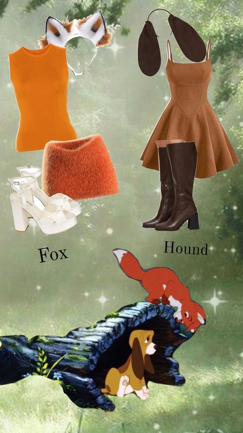 #foxandhound #costumeidea Copper And Todd Halloween Costumes, Todd And Copper Costume, The Fox And The Hound Costume, Fox And Hound Costume, Fox Costume Women's, Cutesy Halloween Costumes, Fox And The Hound Costume, Partner Halloween Costumes, Fun Halloween Outfits