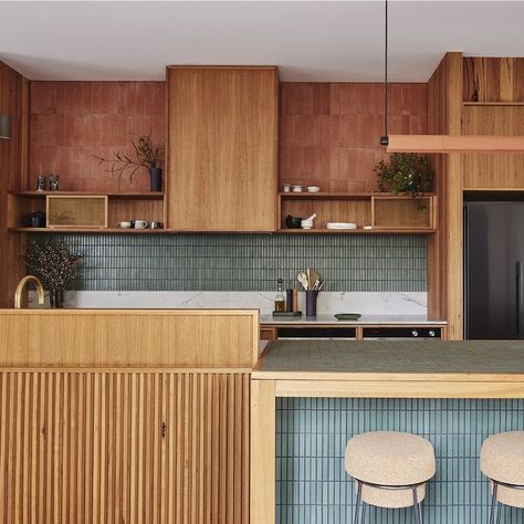 Terracotta Tile Kitchen, Timber Tiles, Window Seat Kitchen, Bold Kitchen, Casa Country, Interior Fit Out, Terracotta Tiles, Green Kitchen, The Design Files