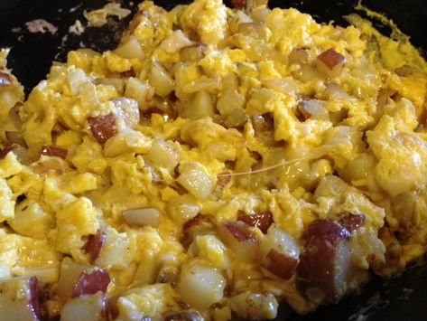 Eggs For Dinner, Breakfast Potatoes Skillet, Scrambled Eggs With Cheese, Just Go With It, Eggs For Breakfast, Potato Cheese, Skillet Potatoes, Skillet Pan, Dehydrated Onions