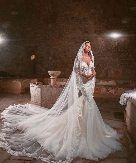 Long Wedding Train And Veil, Long Train Wedding Dress Cathedral Veils, Fairytale Dress Wedding, Blonde Lingerie, Glitzy Wedding, Italy Wedding Dress, Wedding Dress Traditional, Extravagant Wedding Dresses, Marriage Ideas