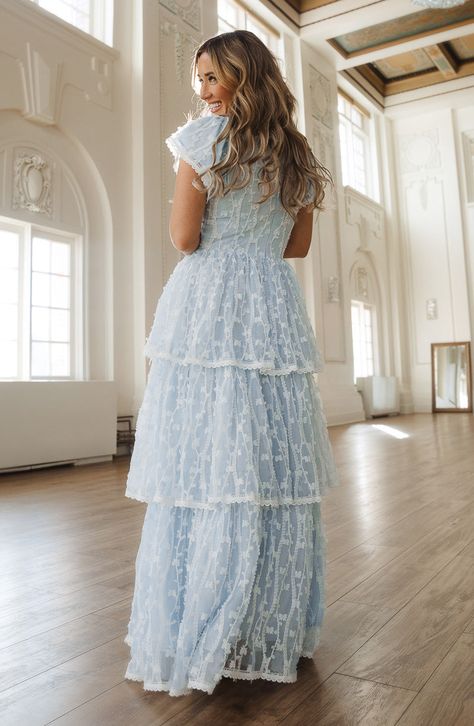 Cute Prom Dresses Modest, Tiered Prom Dress With Sleeves, Alice In Wonderland Formal Dress, Ruffle Blue Dress, Tiered Bridesmaids Dresses, Modest Sparkly Dress, Spring Blue Bridesmaid Dresses, Long Sleeve Winter Formal Dresses, Light Blue Floor Length Dress