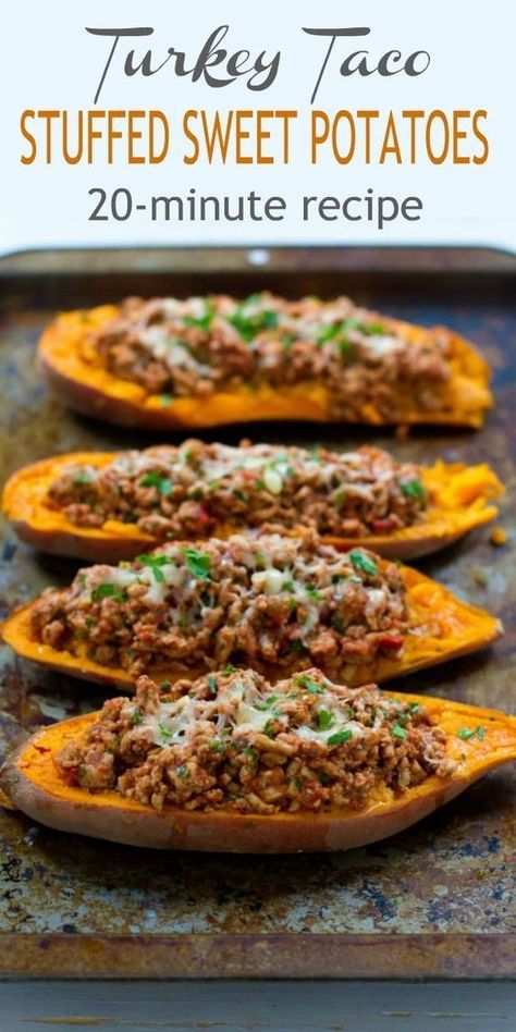 Turkey Taco Stuffed Sweet Potatoes Recipe - 20 Minute Meal Ground Turkey And Sweet Potato Recipe, Taco Stuffed Sweet Potato, Mexican Easy, Ground Turkey Recipes Easy, Sweet Potato Dinner, Stuffed Sweet Potato, Ground Recipes, Sweet Potato Recipes Healthy, Ground Turkey Recipes Healthy