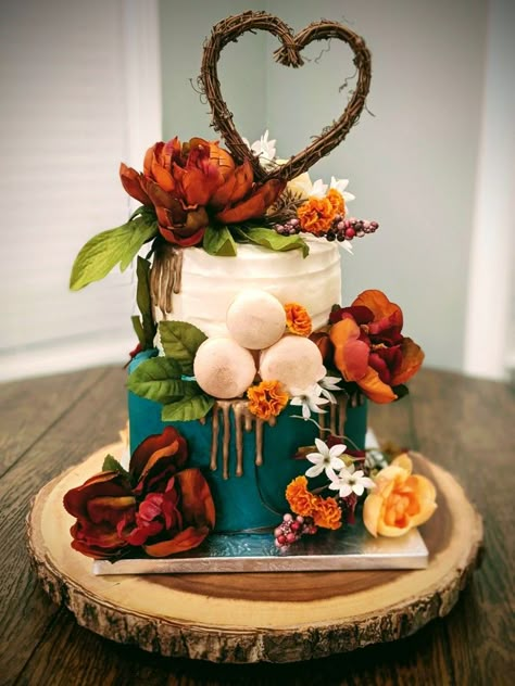 My wedding cake! Teal and rust! Fall Color Wedding Cakes, Brown Orange And Blue Wedding, Teal And White Wedding Cake, Dark Teal And Rust Wedding Cake, Big Wedding Decor, Dark Teal And Rust Orange Wedding Table, Nature Inspired Wedding Cakes, Teal Rust And Gold Wedding, Teal Autumn Wedding