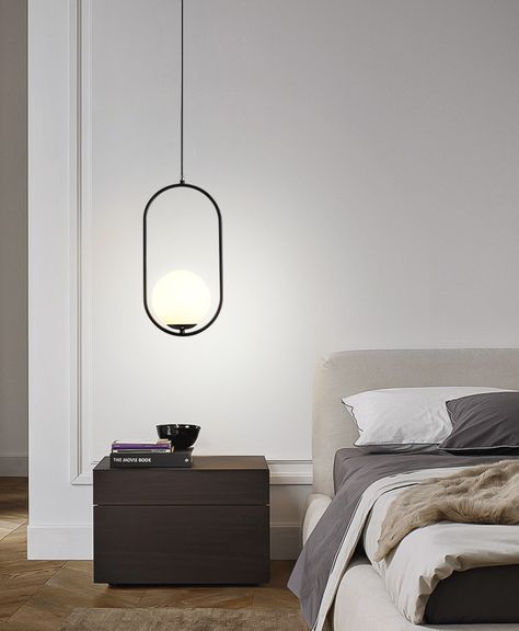 Modern Bedroom Pendant Lights, Bedside Lamp Hanging, Bedside Ceiling Pendants, Bedside Hanging Lamp, Black Pendant Light Bedroom, Hanging Night Stand Lights, Bedside Lighting Ideas Hanging, Bedside Hanging Lamps, Bedside Ceiling Lights