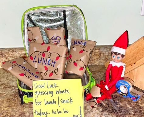 Elf On Shelf Breakfast Ideas, Elf On The Shelf Surprise Gift, Elf On The Shelf School Lunch Ideas, Elf On The Shelf Surprise Disney Trip, Funny Elfs, Elf Makes Breakfast, Elf Wrapped In Wrapping Paper, Elf 2024, Elf Idea