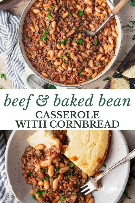 Sweet, savory, quick, and easy, this ground beef and baked bean casserole with cornbread is sure to become a staple in your family's weeknight dinner routine! Pair the hearty, cozy meal with a simple green salad, Southern-style green beans, or roasted yellow squash for a family-friendly supper that's ready in less than 30 minutes. Casserole With Cornbread, Baked Beans With Hamburger, Roasted Yellow Squash, Baked Bean Casserole, Freezer Prep, Southern Style Cornbread, With Cornbread, The Seasoned Mom, Prep Meals