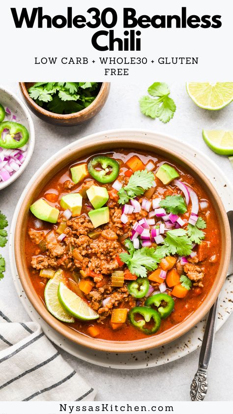 Simple and delicious Whole30 beanless chili is perfect for a cozy night in! Made with nourishing protein, a rainbow of healthy vegetables, and plenty of spices for deep and rich flavor. Easy to make and perfect for the whole family! Whole30, paleo, and gluten free.