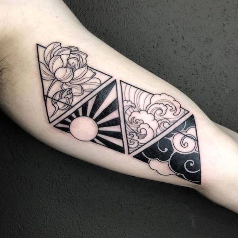 Japanese Geometric Tattoo, Four Elements Tattoo, Geometric Tattoo Ideas, Tattoo Elements, Japanese Geometric, Pentagram Tattoo, Element Tattoo, Air Tattoo, Elements Tattoo