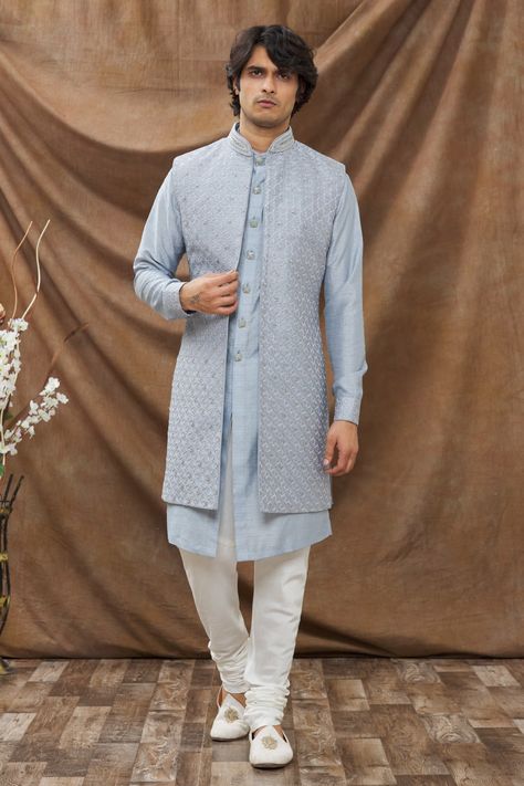 Kurta With Half Jacket Men, Long Nehru Jacket For Men, Ring Ceremony Outfit For Men, Kurta With Long Jacket For Men, Half Jacket For Men, Kurta Ideas, Party Wear Maxi Dresses, Engagement Planning, Guys Aesthetic