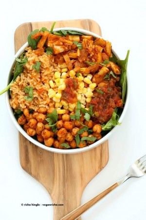 Vegan Tinga bowl with Hearts of Palm, Chickpeas, Spanish Rice - Vegan Richa Vegan Tinga, Hearts Of Palm Recipes, Veggie Bowls, Healthy Bowl, Cilantro Rice, Vegan Richa, Vegan Mexican Recipes, Rice Beans, Rice Recipes For Dinner