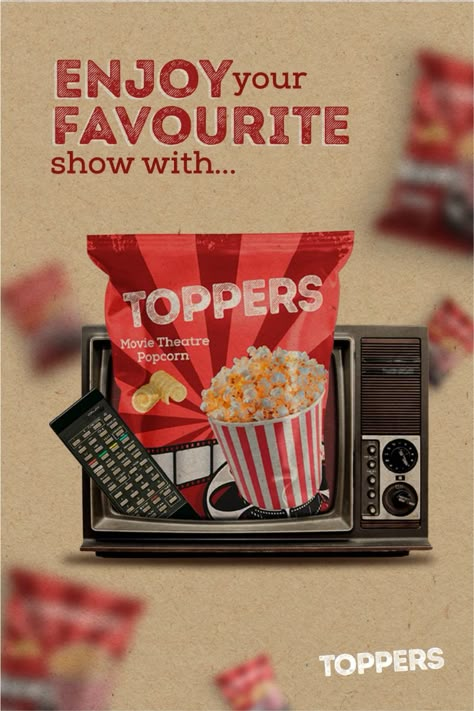 Toppers Popcorn, a portfolio centerpiece featuring retro cinema-inspired packaging with a modern flair. Emphasizing bold typography, eye-catching color palettes, and innovative social media integration, this project embodies the fusion of nostalgic design and modern marketing Movie Theatre Popcorn, Theatre Popcorn, Popcorn Design, Popcorn Packaging, Retro Cinema, Movie Theater Popcorn, Movie Subtitles, Cinema Colours, Modern Marketing