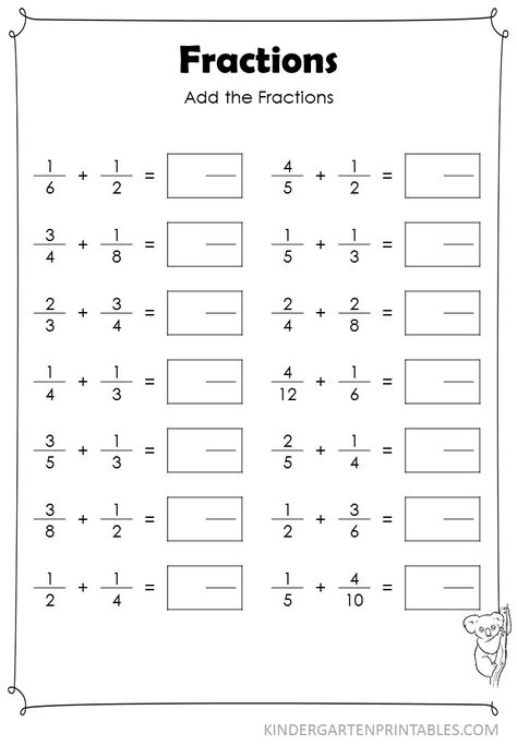 Basic Fraction Addition worksheets with unlike denominators under 10 Unlike Fractions Worksheet, Add Fractions With Unlike Denominators, Fractions Addition, Fraction Addition, Unlike Fractions, Fraction Chart, Add Fractions, Math Fractions Worksheets, Addition Of Fractions