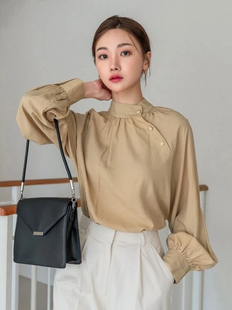 DAZY Mock Neck Bishop Sleeve Blouse | SHEIN EUR Bishop Sleeve Blouse, Outfit References, Fashion Tops Blouse, Tops Blouse, Bishop Sleeve, High Collar, Fashion Tops, Diy Clothes, Long Sleeve Top