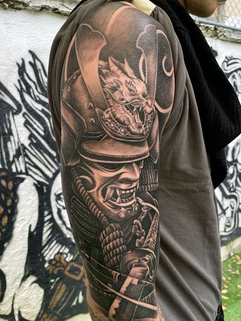 Men Samurai Tattoo, Black And Gray Japanese Sleeve, Samurai Bicep Tattoo, Realism Samurai Tattoo, Huge Cover Up Tattoo, Sleeve Tattoos Samurai, Samurai Shoulder Tattoo, Demon Samurai Tattoo, Samurai Arm Tattoo