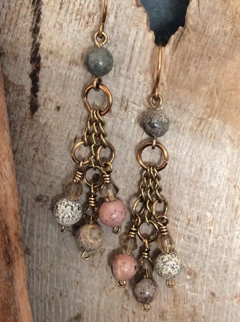 Jasper Dangle Earrings Crystal Chandelier Gray Mauve Antique Bronze Wire     1.99 Shipping USA Connector Earrings, Earrings Inspiration, Earrings Crystal, Jasper Beads, Top Drawer, Sea Glass Jewelry, Wire Earrings, Diy Earrings, Blacksmithing