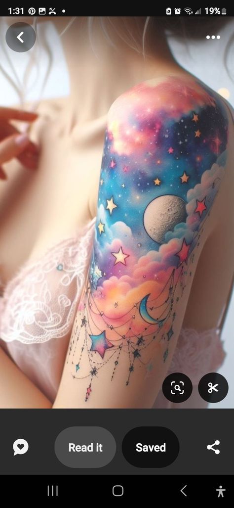 Tattoo Sky, Watercolor Galaxy Tattoo, Galaxy Tattoo, Watercolor Clouds, Cloud Tattoo, Watercolor Galaxy, Glitter Tattoo, Creative Tattoos, I Tattoo