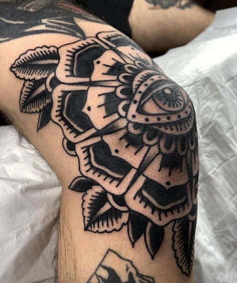 American Trad Eye Tattoo, Black And Grey Knee Tattoos, Traditional Style Knee Tattoo, Knee Tattoo Blackwork, Eye On Knee Tattoo, American Trad Knee Tattoo, Traditional Elbow Ditch Tattoo, Dark Elbow Tattoo, American Traditional Knee Cap Tattoo