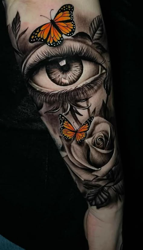 Eye And Butterfly Tattoo, Eye Tattoo Ideas Women Sleeve, Floral Eye Tattoo, Rare Tattoo Designs, Hour Glass Tattoos For Women, Eye Butterfly Tattoo, Fore Arm Tattoos Women, Eye Tattoo Ideas Women, Eye Flower Tattoo