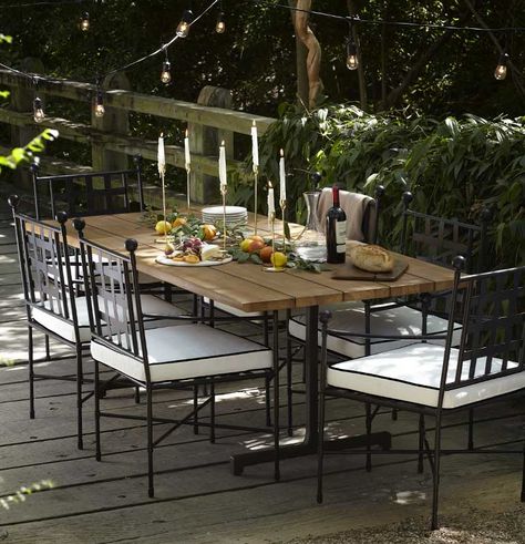 Outdoor Lookbook at Horchow Outdoor Dining Table Black, Tudor Courtyard, Outdoor Table Ideas, Back Porch Deck, Decoration Front Porch, Outdoor Dinner Table, Metal Outdoor Table, Historic Bungalow, Outdoor Table And Chairs