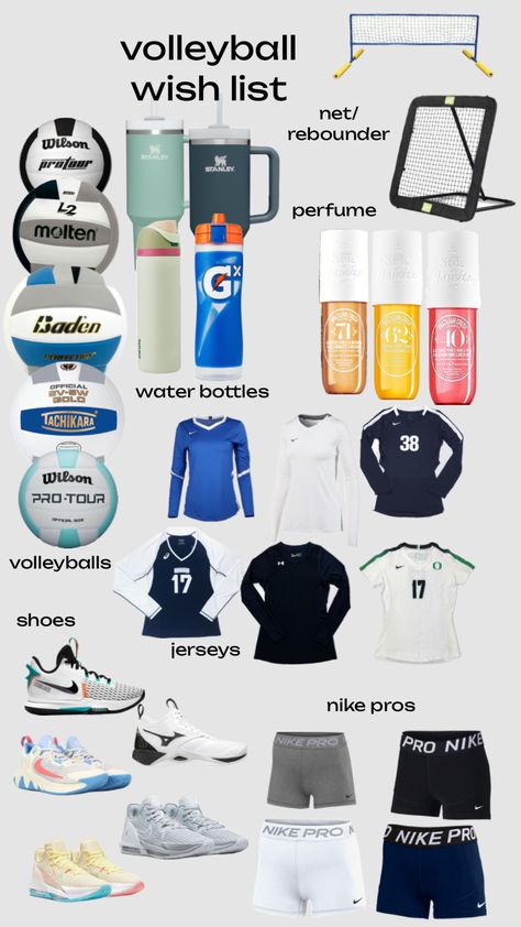 volleyball wishlist!! 🏐💗🫢 Sports Bag Essentials, Volleyball Motivation, Volleyball Equipment, Volleyball Cheers, Volleyball Tryouts, Volleyball Bag, Volleyball Gear, Volleyball Skills, Volleyball Tournaments