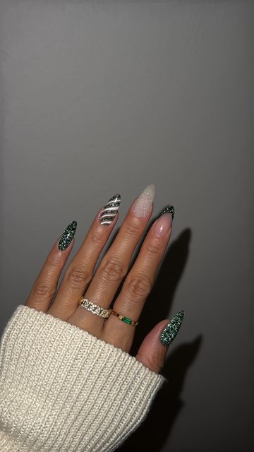 Milky White And Green Nails, Green Nails Christmas Holidays, Green Glittery Nails, Forest Green Christmas Nails, Chrisrmas Nails, Milky White Polish, Green Christmas Nails, Green Polish, Glittery Nails