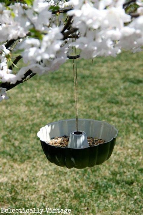 Great idea for a unique bird feeder... use a old bunt pan... how to hang it you ask??? well just get some twine and wrap around a tennis ball... put underneath pan and bring two ends of twine up through top and tie around tree or whatever place you find to hang:) Bird Diy, Hanging Bird Bath, Bundt Pans, Patio Pergola, Diy Bird Feeder, Diy Birds, Have Inspiration, Bundt Pan, Bird Garden