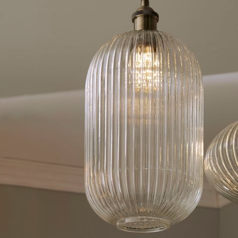 Abigail Clear Ribbed Glass Tall Pendant Antique Brass Metal, Statement Lighting, Tall Ceilings, Ribbed Glass, Glass Pendant Light, Satin Brass, Brass Metal, Light Fittings, Glass Lighting