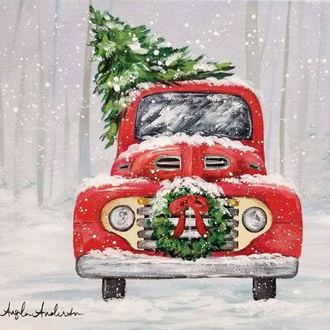 Red Christmas Truck Acrylic Painting Tutorial by Angela Anderson on YouTube - FREE livestream beginner painting lessons twice weekly!  #acrylicpainting #christmaspainting #princetonbrushes #art #painting #fredrixcanvas #christmastruck #redtruckchristmas #redchristmastruck #vintagechristmas #vintagetruck Red Christmas Truck, Old Red Truck, Angela Anderson, Christmas Red Truck, Vintage Red Truck, Truck Paint, Navidad Diy, Acrylic Painting Tutorials, Christmas Canvas