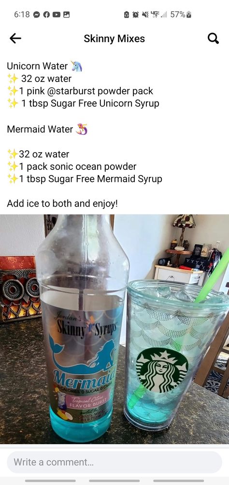 Mermaid Water Drink Recipe, Mermaid Water Drink Non Alcoholic, Water Tok Ideas, Unicorn Flavored Water, Drink Packets For Water Recipes, Flavored Water With Syrup, Water Flavor Packet Combinations, Mermaid Syrup Recipes, Flavored Water Recipes Healthy