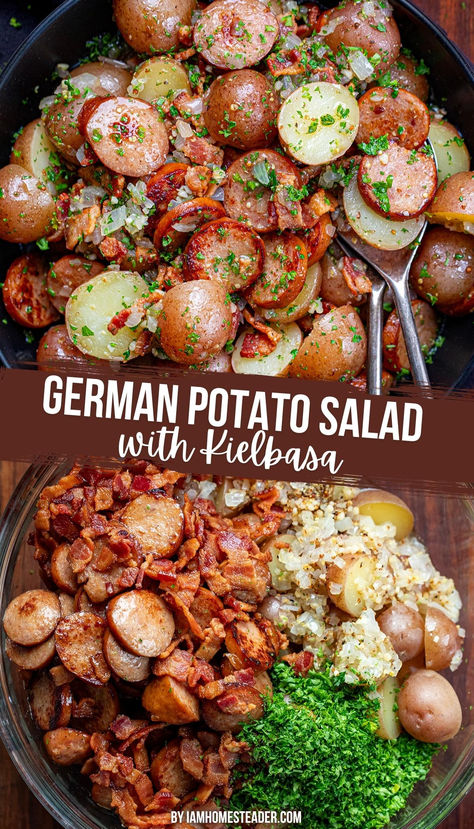 one image shows the potato salad mixed together in a blue bowl. The second image shows the ingredients unmixed in a bowl. German Food Authentic, Bacon Potato Salad, German Potatoes, German Potato Salad, Side Dishes Recipes, Kielbasa, Easy Homemade Recipes, Thanksgiving Side Dishes, Veggie Dishes