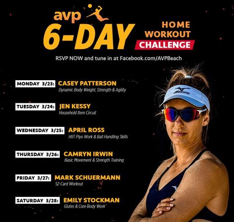 Quarantraining: At-Home Workout Inspiration - AVP Beach Volleyball Off Season Volleyball Workouts, Volleyball Home Workouts, Volleyball Workouts At Home Libero, Coaching Volleyball For Beginners, Beach Volleyball Workout, Volleyball Workout, Dynamic Warm Up, Card Workout, Volleyball Skills