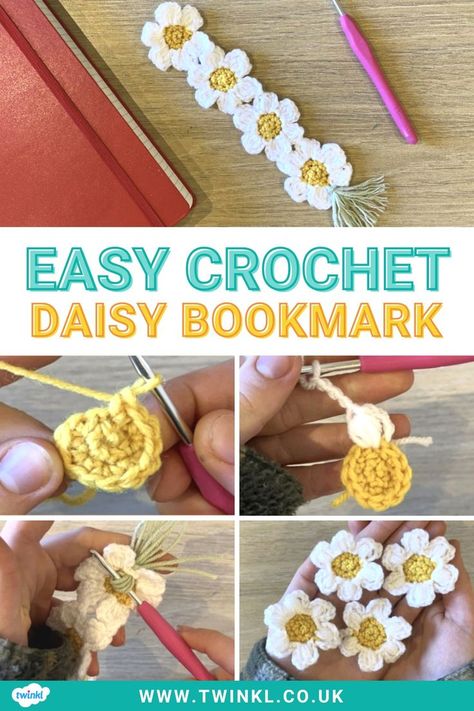 Easy Crochet Daisy Bookmark Easy Crochet Daisy, Daisy Bookmark, Bookmark Pattern, Green Yarn, Crochet Daisy, Crochet Bookmarks, Crochet Instructions, Daisy Chain, Childrens Gifts