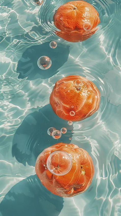 Three oranges are floating in a blue swimming pool. The oranges are all different sizes and are arranged in a vertical line ->> more details in ai-img-gen.com Orange And Blue Photography, Blue Fruit Aesthetic, Oranges In Water, Fresh Fruit Aesthetic, Fruits In Water, Fruit In Water, Tropical Fruit Photography, Aesthetic Fruits, Blue Swimming Pool