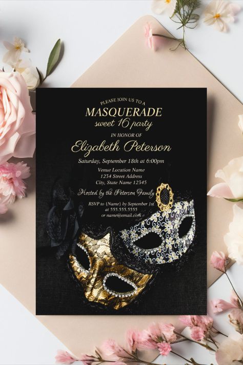 Elegant Black Masquerade, Masque Sweet 16 Invitation Postcard Elegant masque on black background #sweetsixteen #sixteenbirthday #elegant #birthday #happybirthday #birthdaycards #birthdayparty Mascarade Sweet 16, Masquerade Sweet 16 Ideas, Masquerade Party Ideas, Masquerade Birthday Party, Mascarade Party, Masquerade Invitations, Masquerade Party Invitations, Black Masquerade, Masquerade Theme