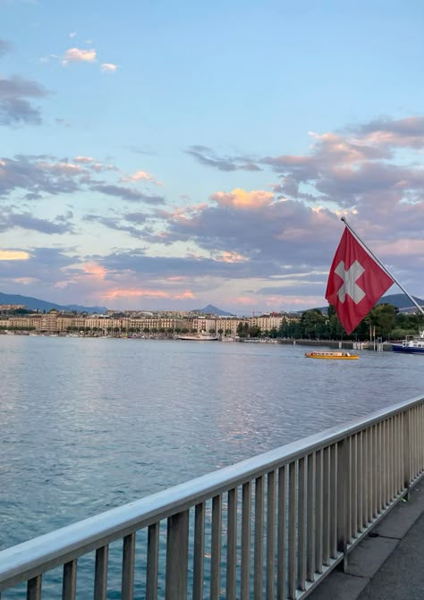 a view of lake geneva during sunset 🌅 Geneva Switzerland Summer, Geneva Aesthetic, Geneva Summer, Geneva Apartment, Geneva City, You're Gonna Go Far, February Moodboard, Geneve Switzerland, Lake Geneva Switzerland