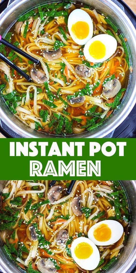 Instant Pot Ramen Soup - Fresh ginger, garlic and mushroom bring together a rich and delicious homemade chicken stock. Add noodles, baby spinach and freshly shredded carrots to make it a meal. Ramen Instant Pot Recipes, Pressure Cooker Ramen, Instant Pot Ramen, Instapot Recipes Chicken, Instant Pot Pasta Recipe, Homemade Chicken Stock, Shredded Carrots, Ramen Soup, Instant Pot Soup Recipes