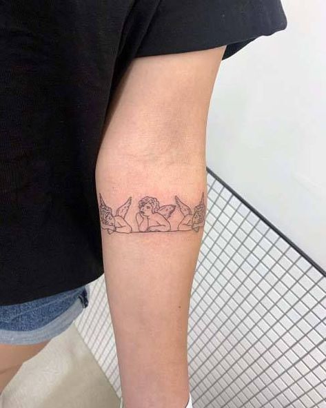 Across The Knee Tattoo, Cherubs Holding Hands Tattoo, Mor Tattoo, Angle Tattoo, Half Sleeve Tattoo Stencils, Cherub Tattoo, Small Chest Tattoos, Horoscope Tattoos, Small Hand Tattoos