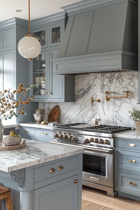 Looking to refresh your kitchen with a splash of color? Discover the 24 best blue kitchen design ideas to inspire you! From serene navy tones to vibrant cobalt accents, these ideas will help you create a stylish and inviting culinary space. 💙🍽️ #BlueKitchen #KitchenDesign #Kitchencolor Bathroom And Kitchen Ideas, Cool Tones Kitchen, Dusty Blue Kitchen Island, Blue And Gold Kitchen Decor Ideas, European Style Kitchen Modern, Contemporary Blue Kitchen, Best Blue For Kitchen Cabinets, Navy Blue House Decor, Blue And Marble Kitchen