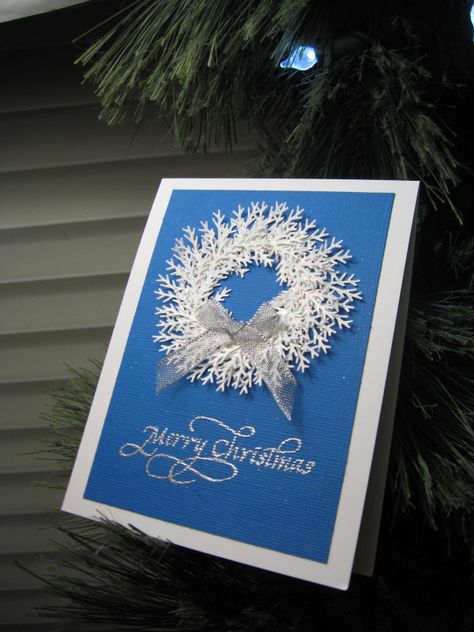 Stampin Up Blue Christmas Cards, Blue And Silver Handmade Christmas Cards, Snowflake Wreath Card, Stampin Up Snowflake Sky Embossing Folder, Snowflakes Art, Penny Black Stamps, True Blue, Black Paper, Penny Black