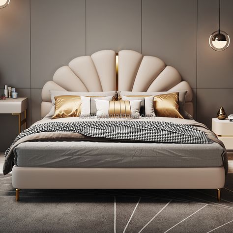 Discover the perfect blend of luxury and comfort in this modern bedroom, featuring a spacious bed adorned with elegant gold accents. A sanctuary designed for relaxation and style. ✨🛏️ #ModernLiving #BedroomGoals #LuxuryDesign Big Headboard, Modern Double Beds, Leather Double Bed, Bedroom Sets Furniture Queen, Suspended Bed, Bed Without Storage, Minimalist Bed, Bed Design Modern, King Size Bed Frame