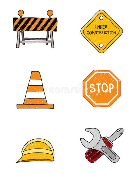 Construction Doodle Signs vector illustration Construction Drawings Art, Construction Tools Drawing, How To Draw Construction Vehicles Easy, Construction Doodles, Construction Site Drawing, Construction Site Illustration, Delivery Box Design, Tractor Theme Birthday Party, Construction Stickers