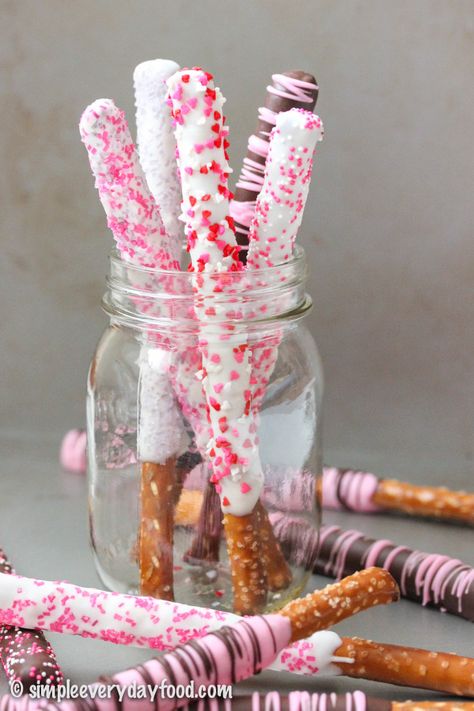 chocolate-covered pretzel rods - Simple Everyday Food Covered Pretzel Rods, Dipped Pretzel Rods, Chocolate Covered Pretzel, Chocolate Covered Pretzel Rods, Healthy Valentines, Pretzel Dip, Valentines Day Chocolates, Covered Pretzels, Pretzel Rods