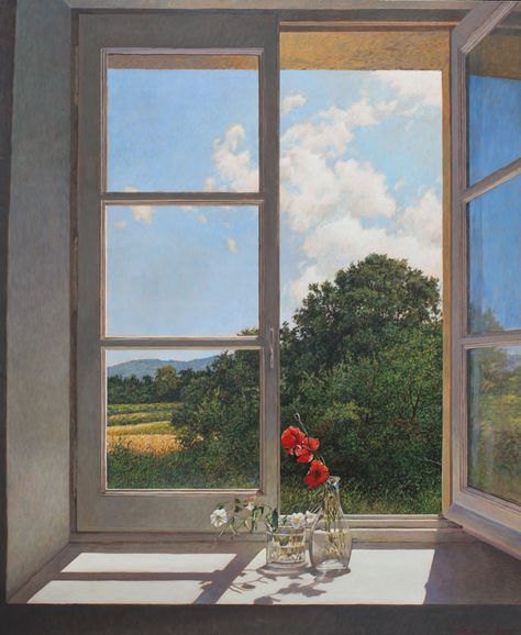 View Through A Window Art, Landscape Through Window, Art Window Painting, View Through Window Painting, Windows Art Drawing, Painting View Nature, Drawing Window View, Window Flower Painting, By The Window Aesthetic