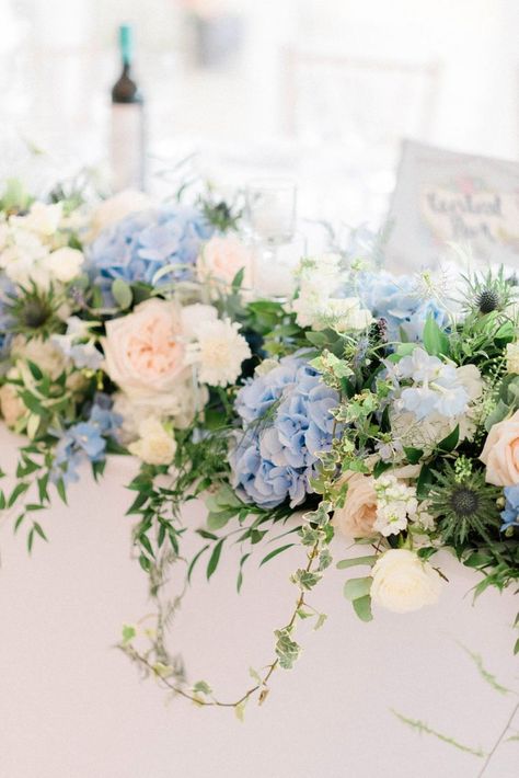 Blue Pink And White Flowers, Blue Wedding Flowers Table, Pale Blue Wedding Flowers, Blue Hydrangea Wedding Decorations, Blue White And Pink Wedding, Blue White Pink Wedding, Blue And Purple Wedding Flowers, Blue And Pink Wedding Flowers, White Hydrangea Wedding Bouquet