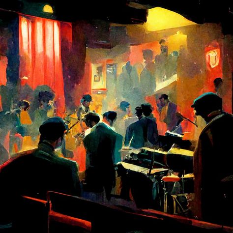 1930s Jazz Club, Jazz Club Art, Nightclub Illustration, Jazz Art Paintings, Jazz Background, Music Major, Music Sketch, Jazz Painting, Blues Art