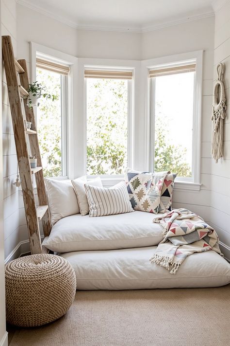 Reading nook featuring shiplap walls, macrame hanging, wooden ladder shelf and floor cushions in modern farmhouse style Library Room Ideas Modern, Farmhouse Library Room, Window Reading Bench, Modern Farmhouse Library, Farmhouse Study Room, Window Bookshelves, Farmhouse Reading Nook, Alcove Window, Bench Reading Nook