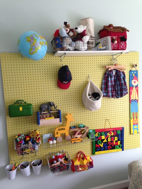 JB's pegboard toy storage Baskets On Wall For Storage, Organize Toddler Toys, Diy Toy Storage, Toy Storage Solutions, Clever Kids, Toys Storage, Wall Hanging Storage, Toy Storage Organization, Playroom Storage