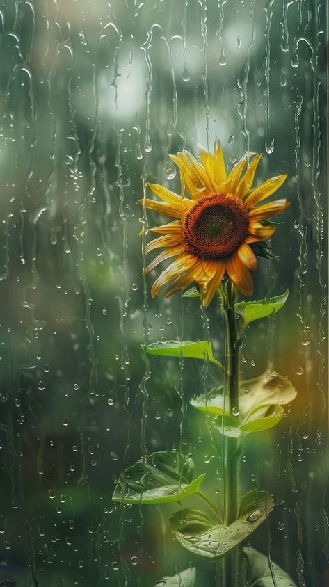 Rain scene with sunflower plant petal glass. | premium image by rawpixel.com Rain Images Beautiful, Wallpaper Spring Iphone, Rain Iphone Wallpaper, Sunflower Plant, Flower Rain, Rainy Wallpaper, Sunflower Artwork, Floral Wallpapers, Planting Sunflowers