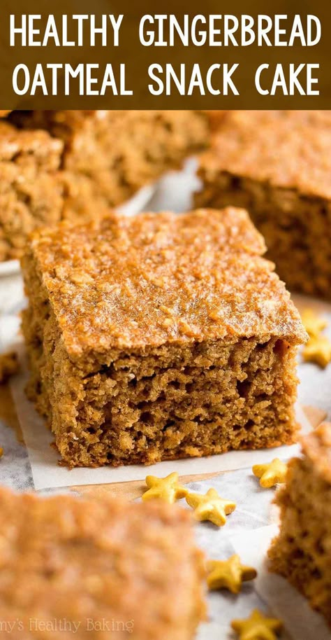 Easy & Healthy Gingerbread Oatmeal Snack Cake – only 101 calories! Perfect for breakfast too! Cozy, tender, flavorful... The BEST gingerbread cake I've had! ♡ clean eating moist gingerbread snack cake. homemade gingerbread snack cake from scratch. low calorie greek yogurt gingerbread cake. Oatmeal Recipes Healthy Snacks, Snack Cake Healthy, Healthy Snack Bars Recipes Clean Eating, Easy Healthy Baked Dinners, Healthy Snack Cake Recipes, Oatmeal Loaf Cake, Easy Vegan Snacks Healthy, Healthy Breakfast Loafs, Healthy Squares